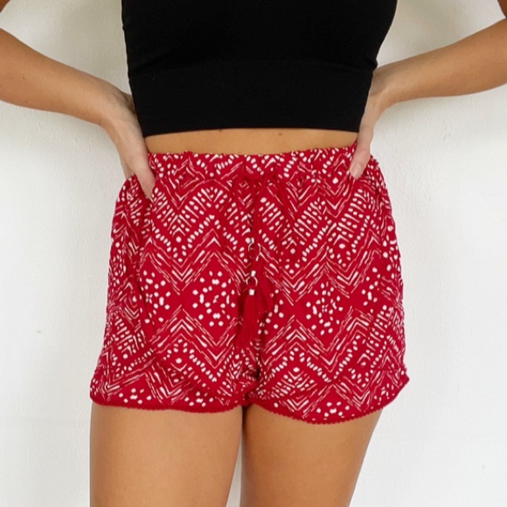 Primark red tribal tassel drawstring layered tulip shorts size small